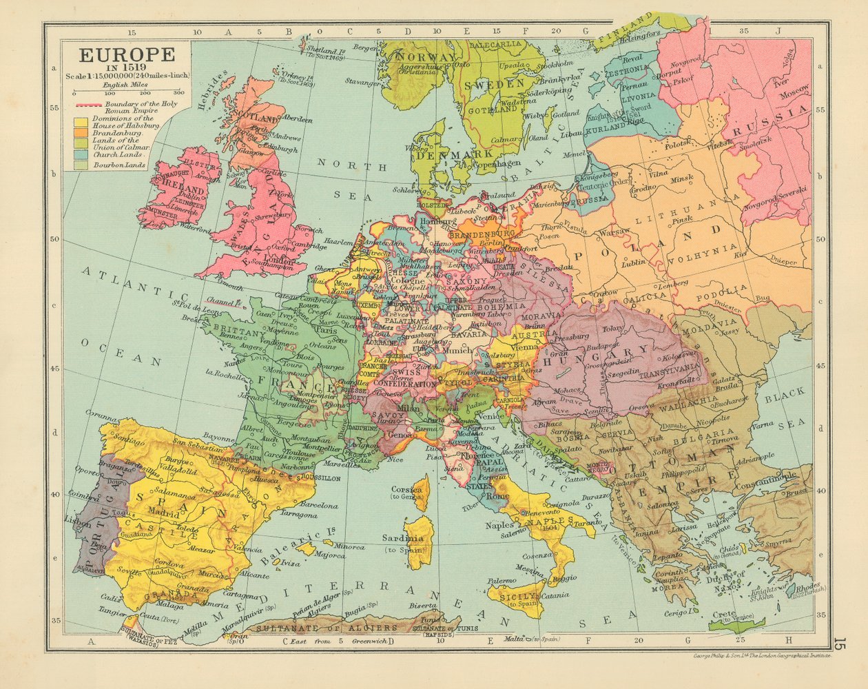 Europa en 1519 (litografía en color) de English School