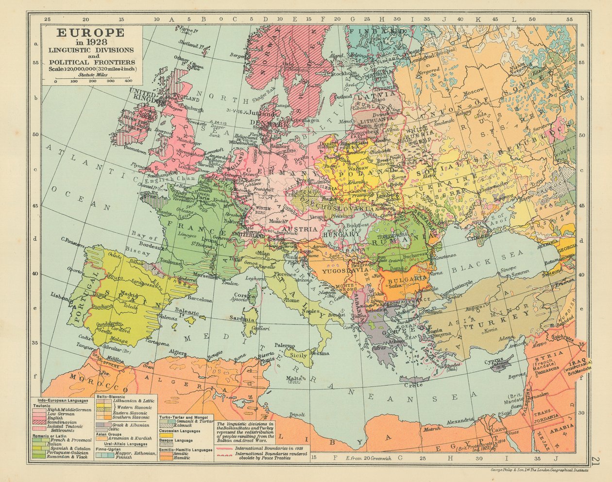 Europa en 1928 Divisiones lingüísticas y fronteras políticas (litografía en color) de English School