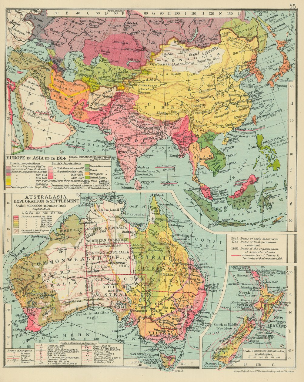 Europa en Asia hasta 1914. Australasia Exploration  Settlement (litografía en color) de English School