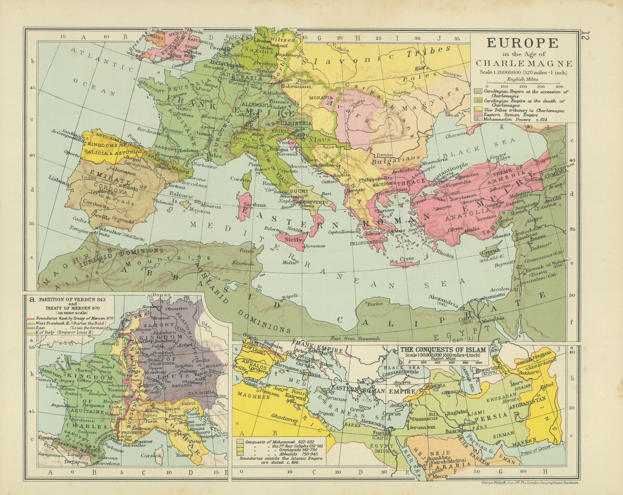 Europa en la época de Carlomagno (litografía en color) de English School