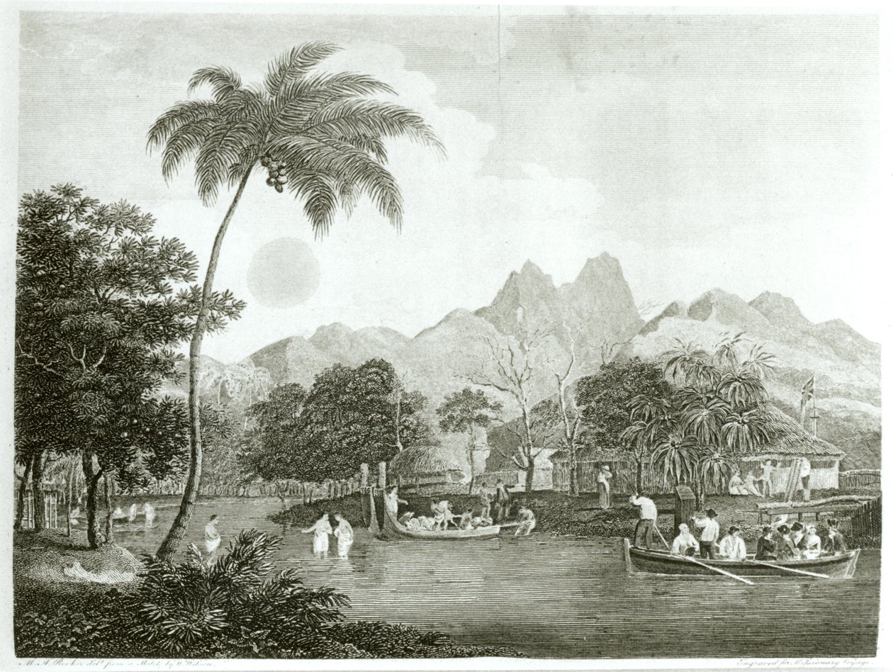 Misioneros europeos en una aldea tahitiana, de Un Viaje Misionero al Océano Pacífico Sur Realizado en los Años 1796-98 en el Barco Duff, publicado en 1799 de English School
