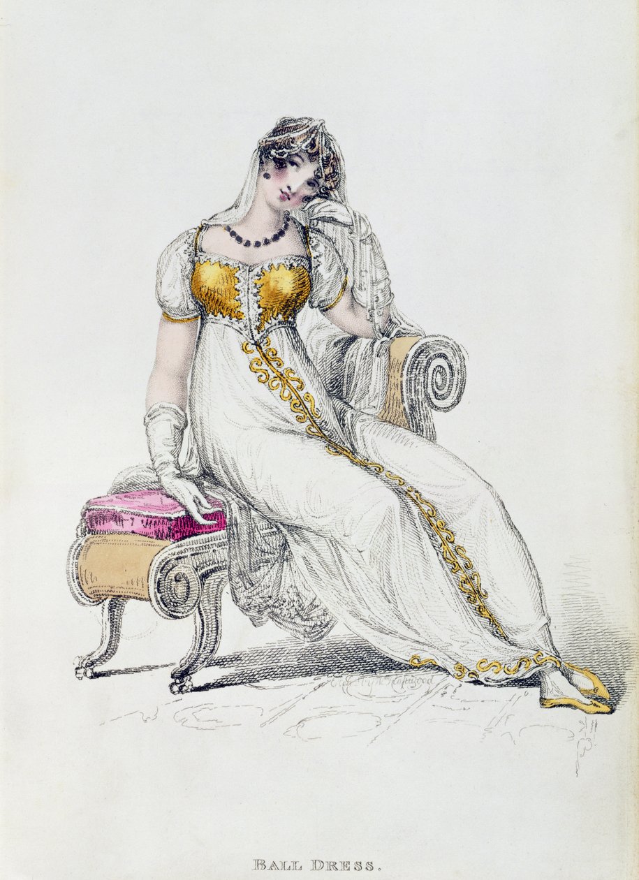 Vestido de noche o vestido de boda, lámina de moda de Ackermanns Repository of Arts de English School
