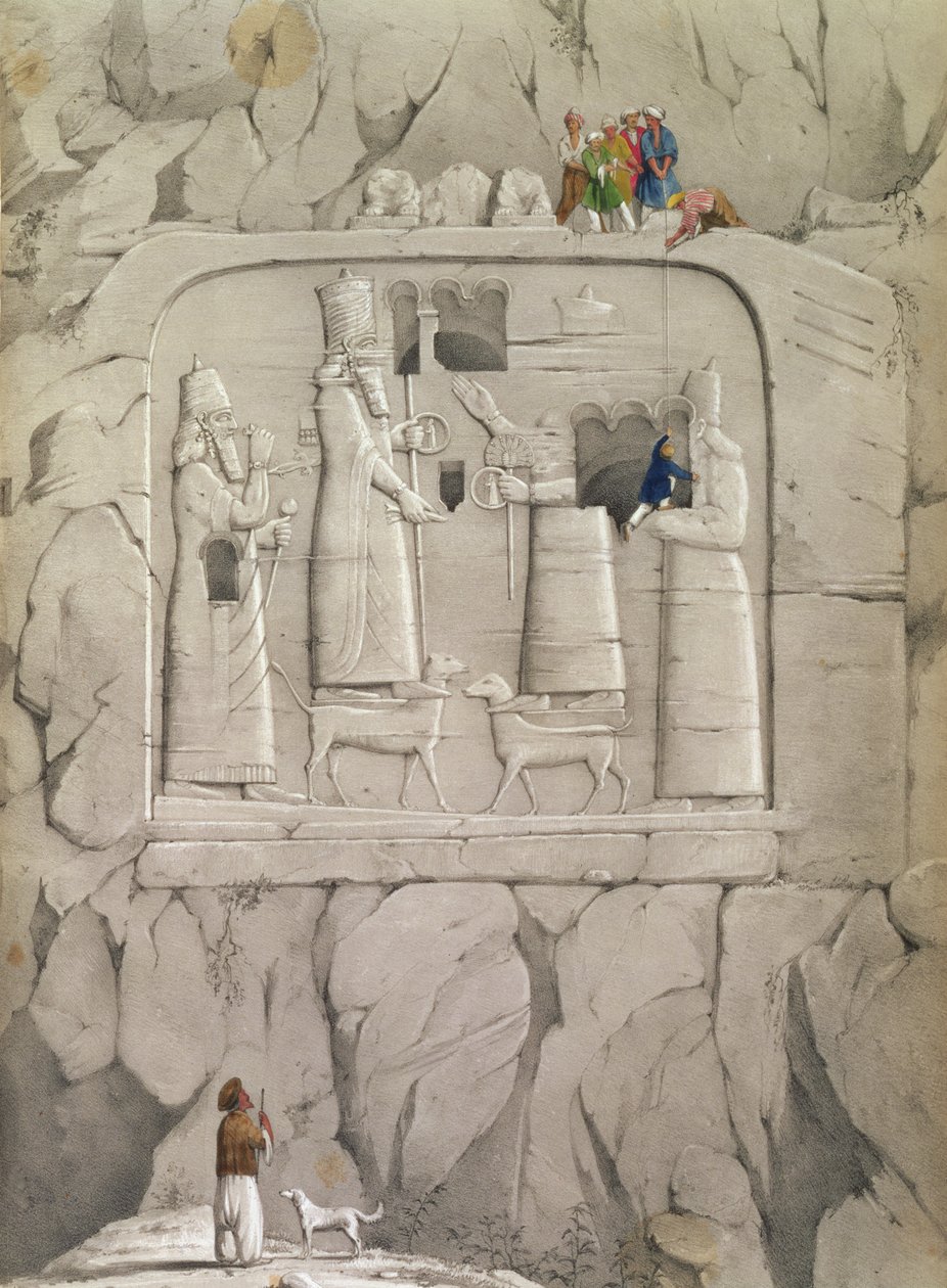 Examinando una escultura rupestre asiria, de "Descubrimientos en las Ruinas de Nínive y Babilonia" por Austen Henry Layard de English School