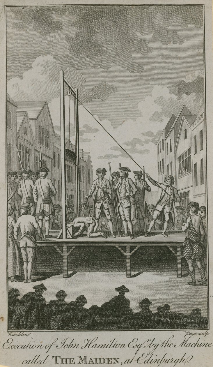 Ejecución de John Hamilton Esq por la máquina llamada La Doncella (grabado) de English School