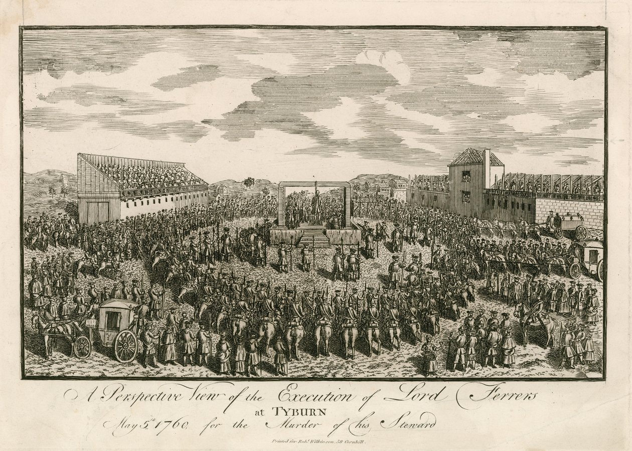 Ejecución de Lord Ferrers en Tyburn, 5 de mayo de 1760, por el asesinato de su mayordomo (grabado) de English School