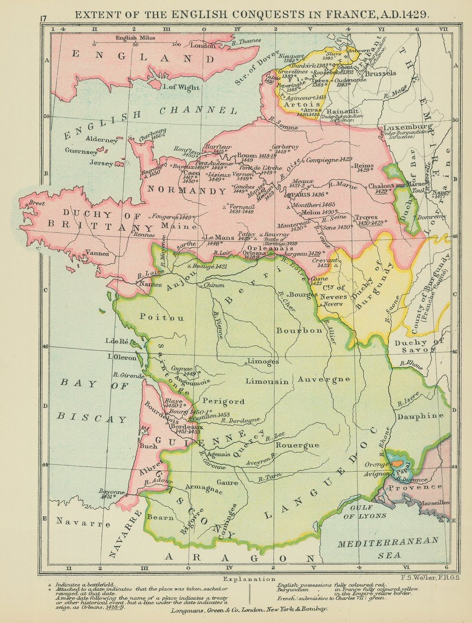 Extensión de las conquistas inglesas en Francia, 1429 d.C. (litografía en color) de English School