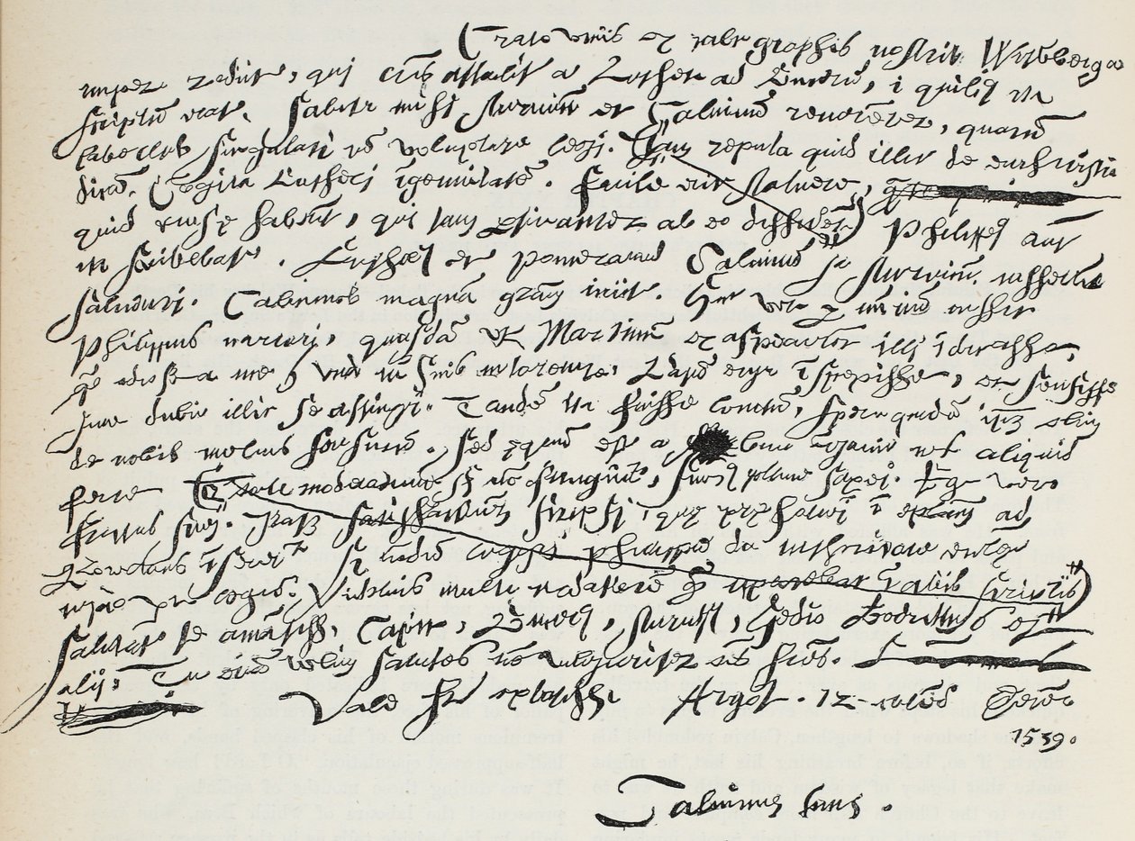 Facsímil de la escritura de Calvino, ilustración de La Historia del Protestantismo de James Aitken Wylie, pub. 1878 de English School