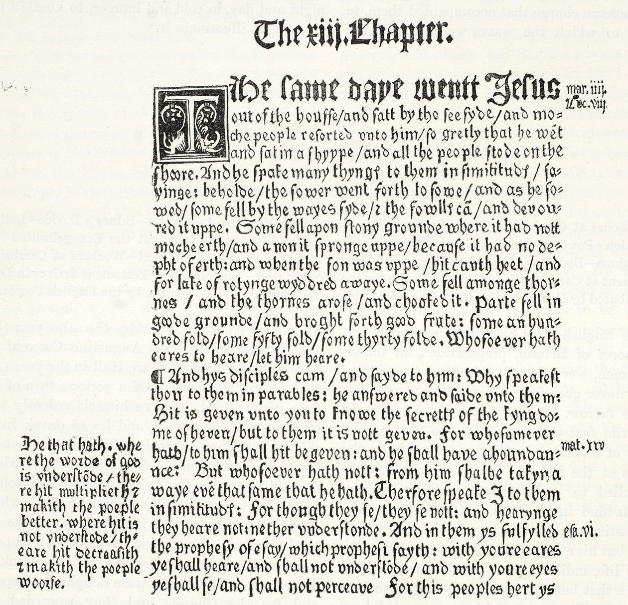 Facsímil del Evangelio de San Mateo, Capítulo XIII, versículos 1-15, del Testamento de Tyndale, ilustración de La Historia del Protestantismo de James Aitken Wylie (1808-1890), pub. 1878 de English School
