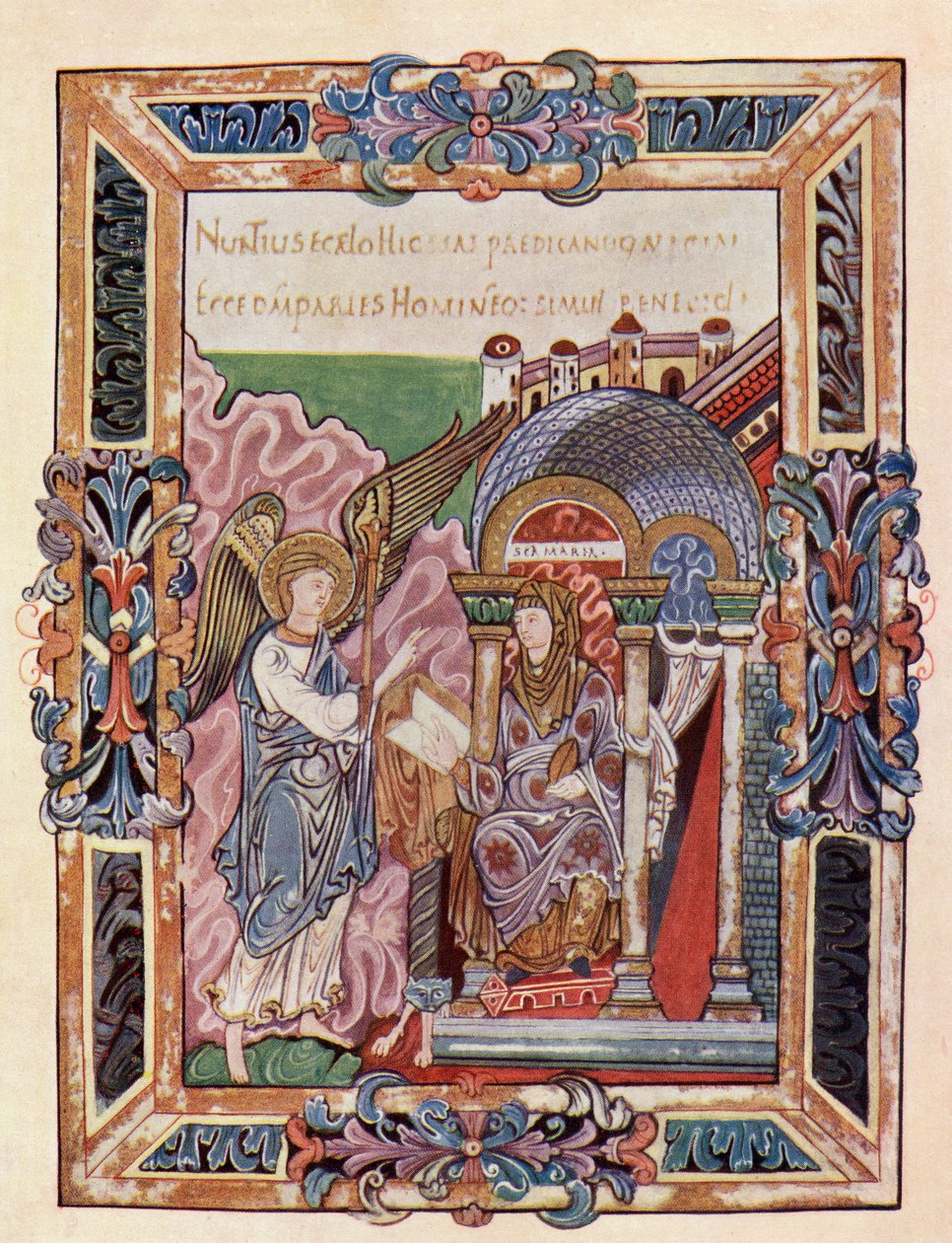 Facsímil de una página del Bendicional de Ethelwold mostrando la Anunciación, del libro La Iglesia de Inglaterra: Una Historia para el Pueblo, publicado c.1910 de English School