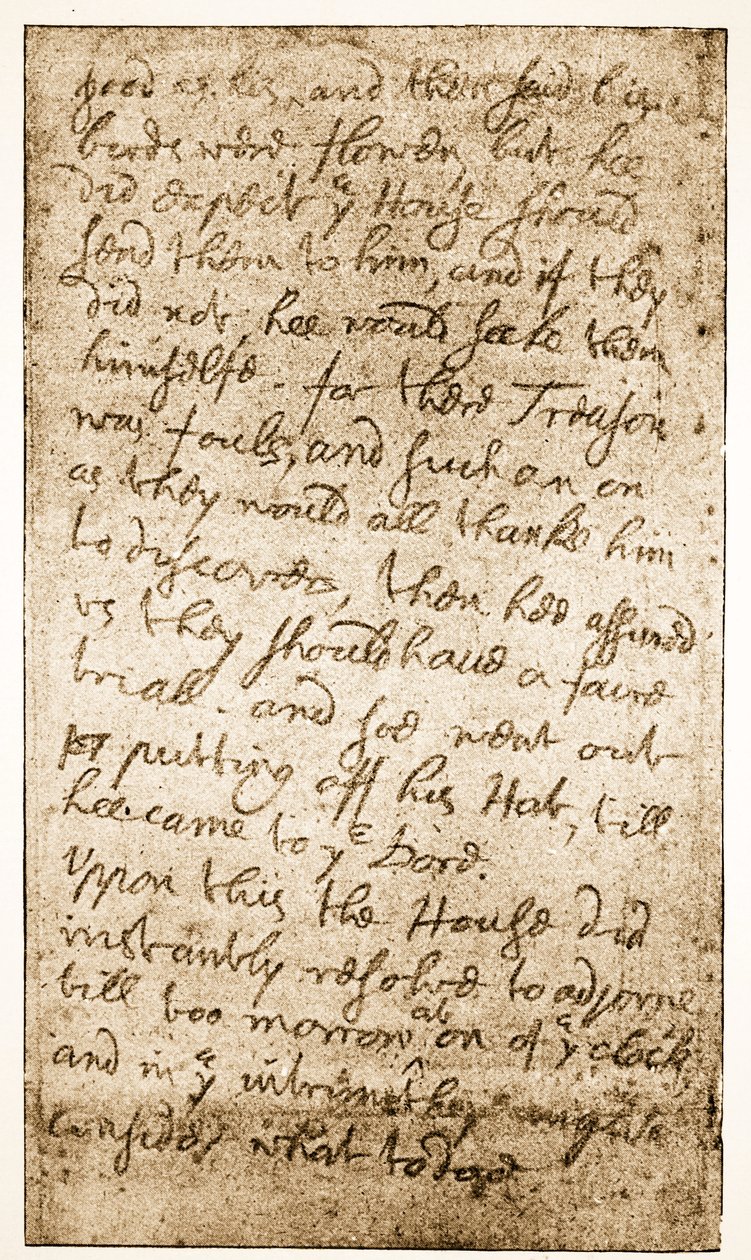 Facsímil de una página de las notas de Sir Ralph Verney sobre el Parlamento Largo de Memoirs of the Verney Family de English School