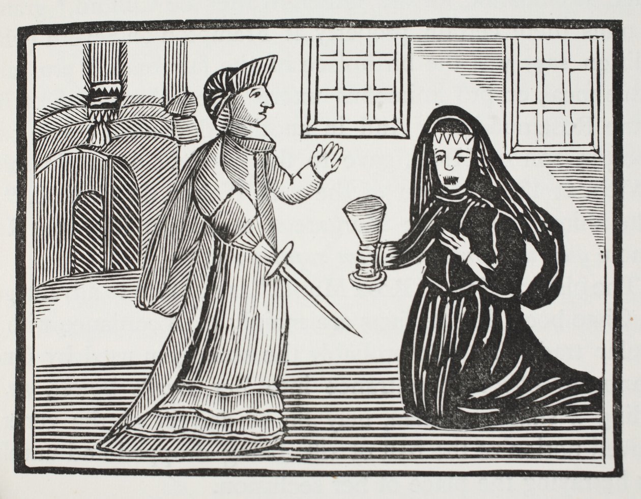 La bella Rosamond siendo envenenada por la reina Eleanor, ilustración de Chap-books del siglo XVIII de John Ashton, pub. 1882 de English School