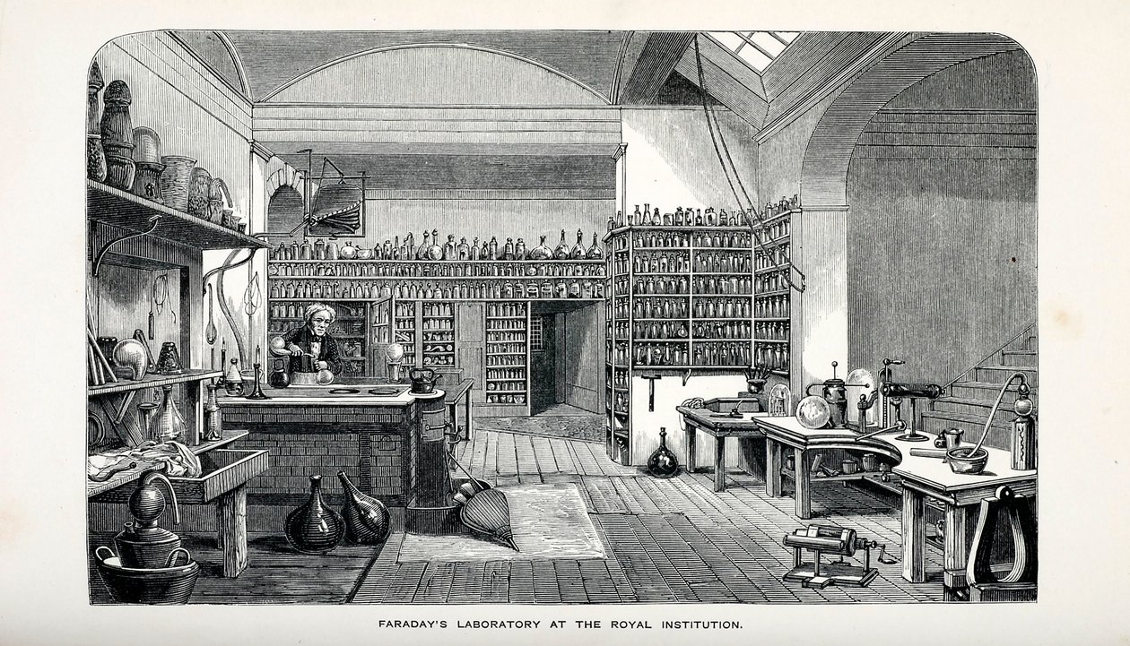 Laboratorio de Faraday en la Royal Institution, pub. 1870 de English School