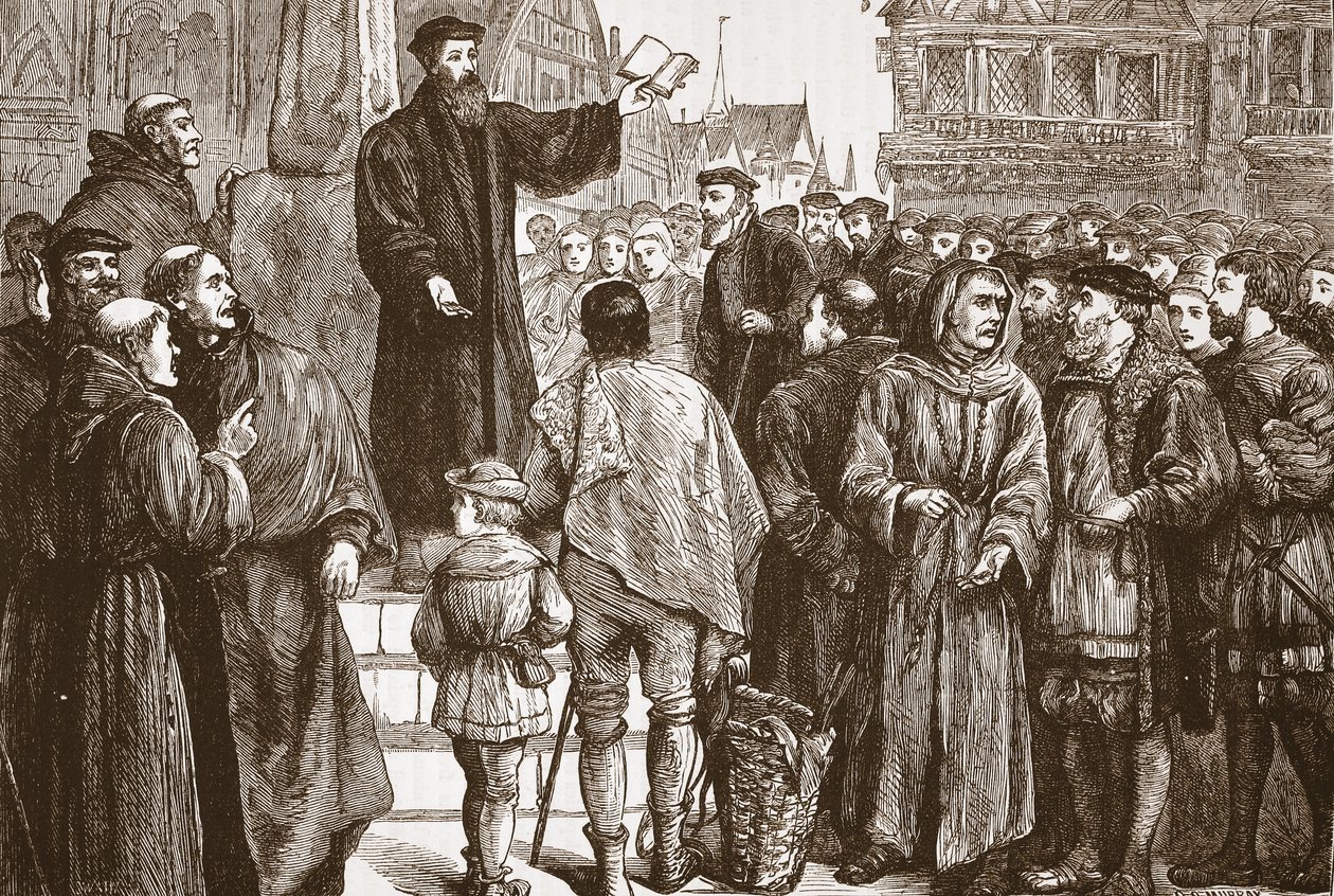 Farel predicando en la plaza del mercado de Neuchatel, ilustración de La Historia del Protestantismo de James Aitken Wylie, pub. 1878 de English School