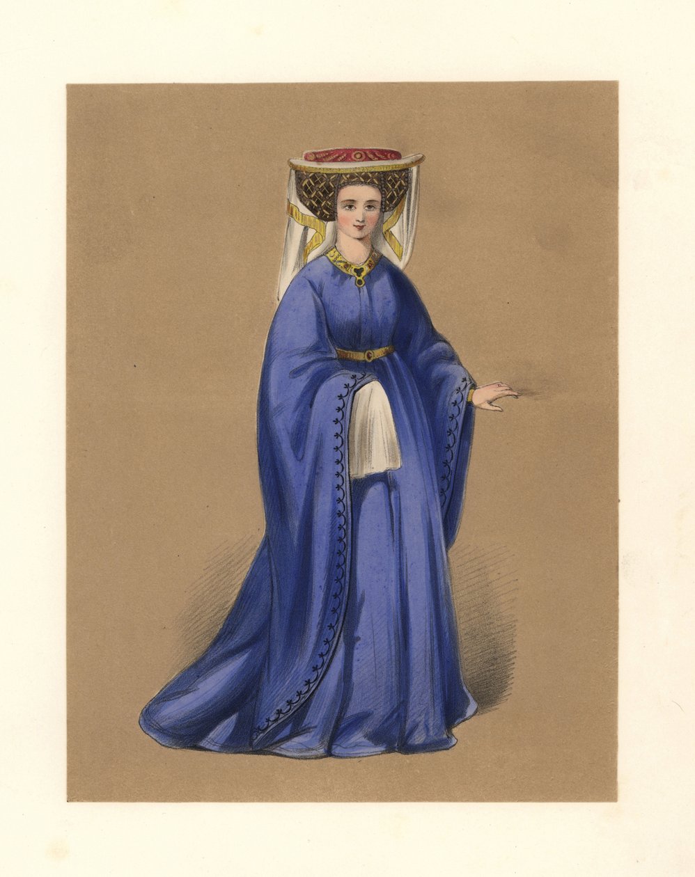 La moda durante los reinados de Enrique IV y V, ilustración de "Costumes of British Ladies from the Time of William the First to the Reign of Queen Victoria" (Trajes de las damas británicas desde la época de Guillermo I hasta el reinado de la reina Victori de English School