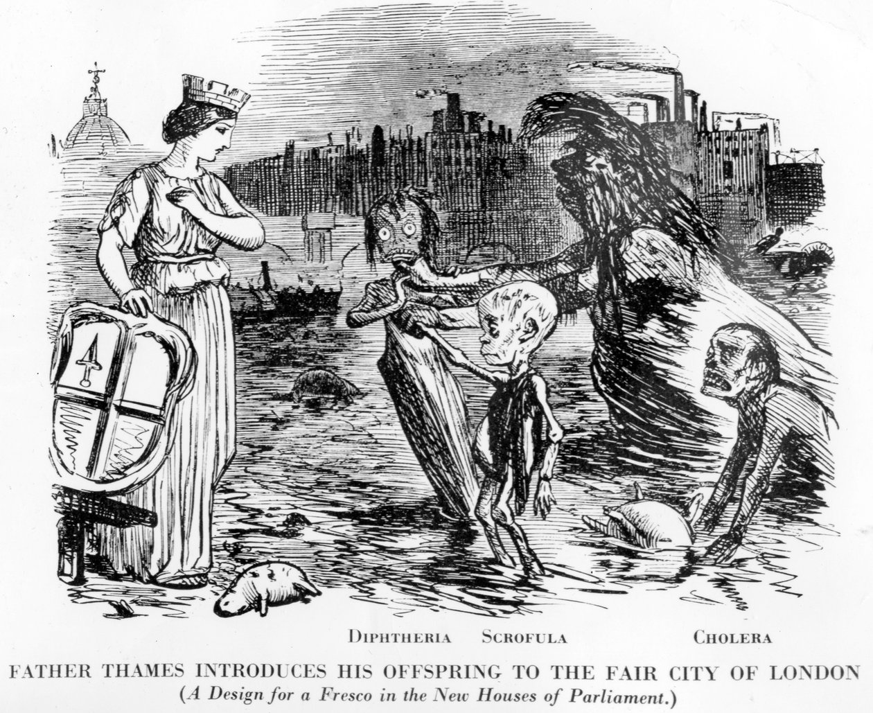 El Padre Támesis Presentando a su Descendencia a la Bella Ciudad de Londres, siendo la descendencia Difteria, Escrofula y Cólera. Más una alcantarilla abierta que un río, el estado repugnante del Támesis en Londres. de English School