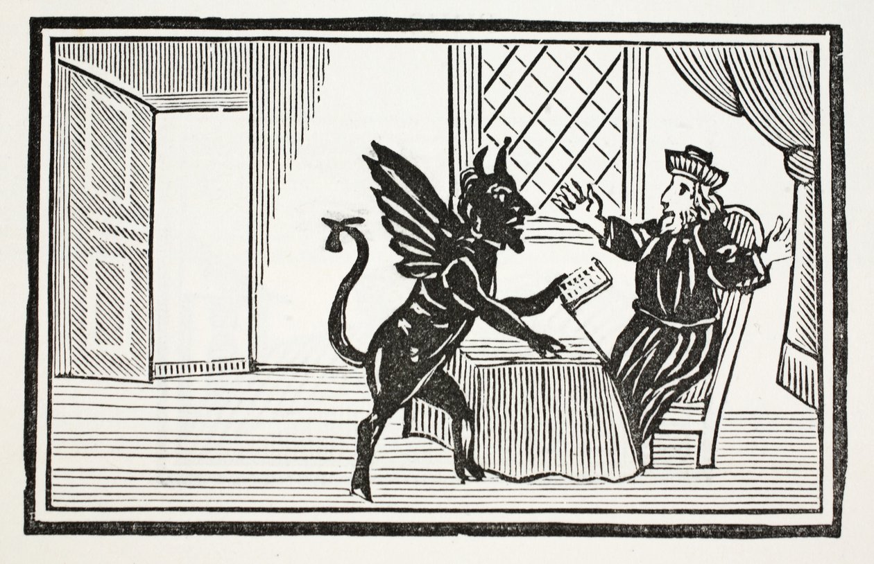 Fausto advertido por el Espíritu de su fin, ilustración de Chap-books del Siglo XVIII de John Ashton, pub. 1882 de English School