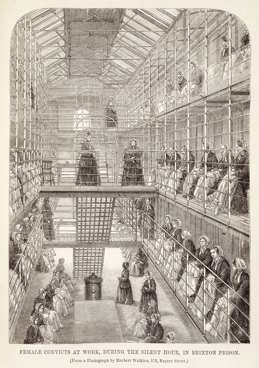 Mujeres Convictas Trabajando durante la Hora Silenciosa en la Prisión de Brixton, de Las Prisiones Criminales de Londres y Escenas de la Vida en Prisión por Henry Mayhew y John Binny, 1860 de English School