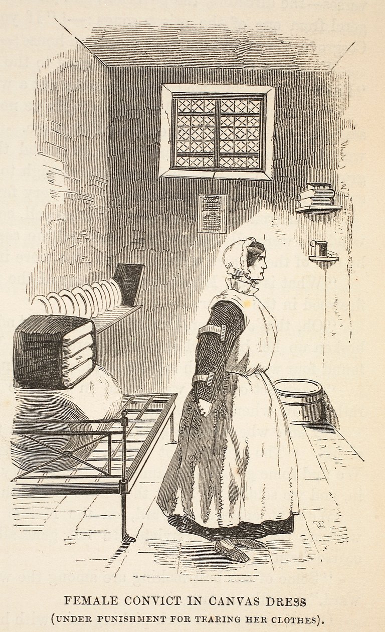 Convicta en vestido de lona (bajo castigo por rasgar su ropa), ilustración de Las prisiones criminales de Londres y escenas de la vida en prisión de Henry Mayhew y John Binny, pub. 1862 de English School
