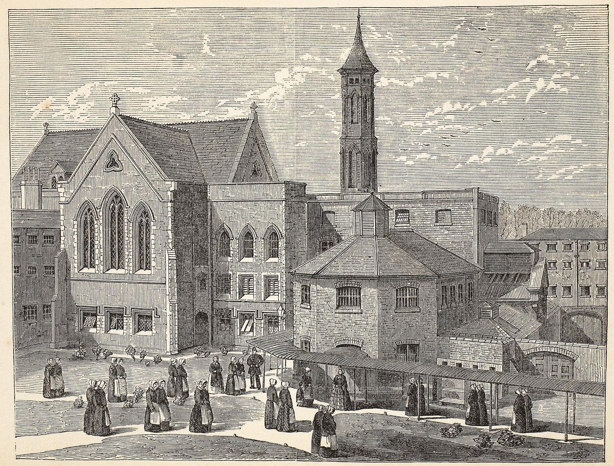 Convictas ejercitándose en el patio de recreo de la prisión de Brixton, ilustración de Las prisiones criminales de Londres y escenas de la vida en prisión de Henry Mayhew y John Binny, pub. 1862 de English School