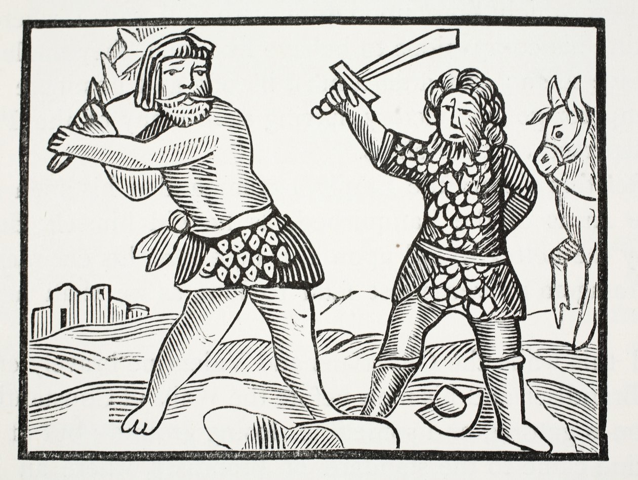 Ferragus levanta un poderoso ejército y sitia la ciudad de Aquitania, ilustración de Chap-books del Siglo XVIII de John Ashton, pub. 1882 de English School