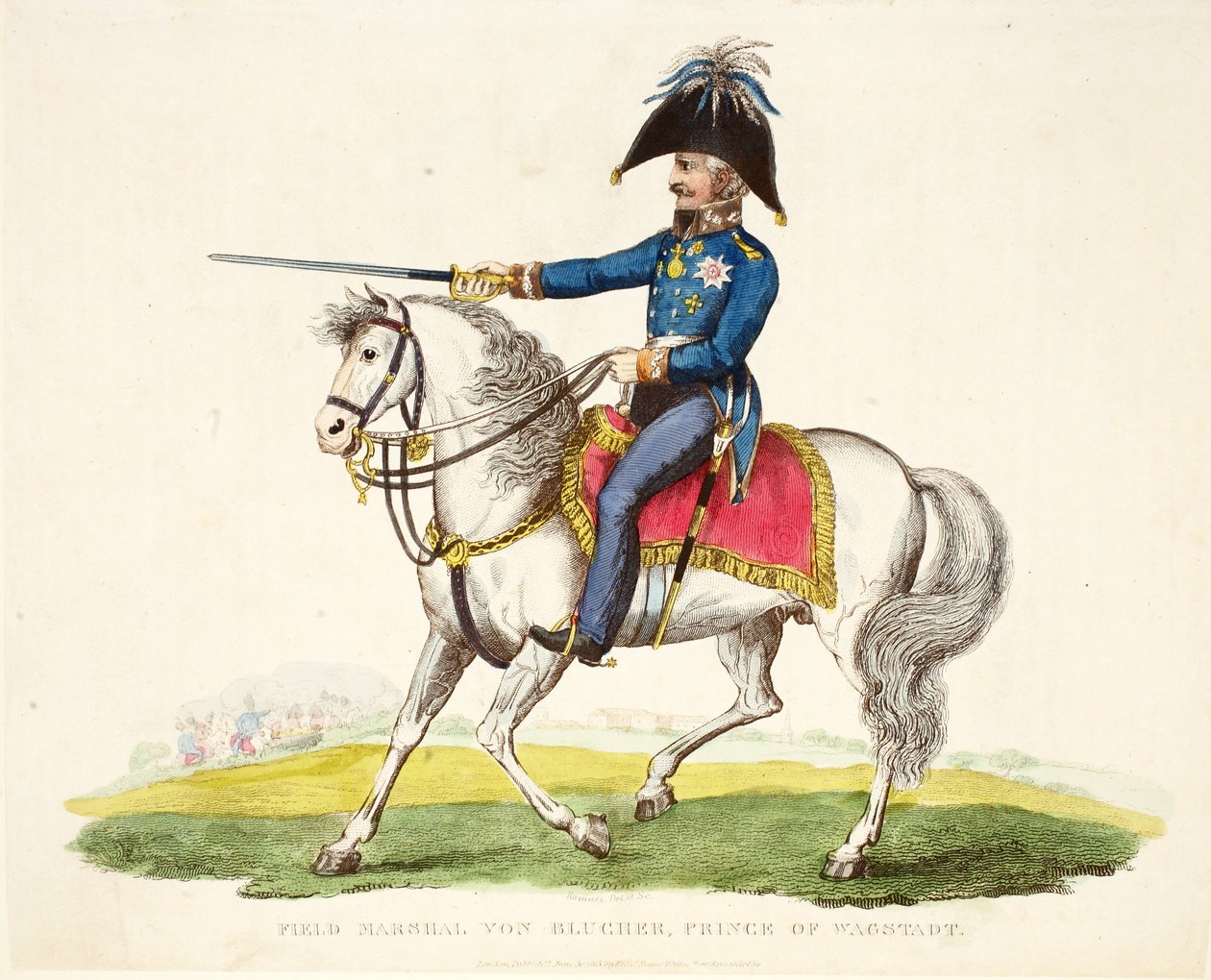 Mariscal de Campo von Blucher, Príncipe de Wagstadt, ilustración de Un Relato Histórico de la Batalla de Waterloo por William Mudford, 1816 de English School