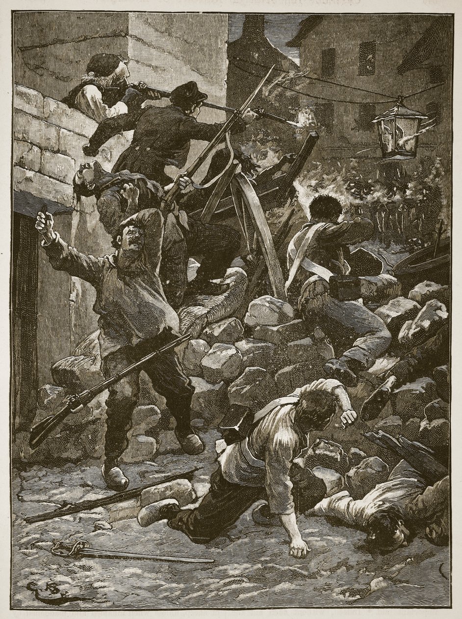 Luchas en las barricadas en París, ilustración de Cassells Illustrated History of England de English School