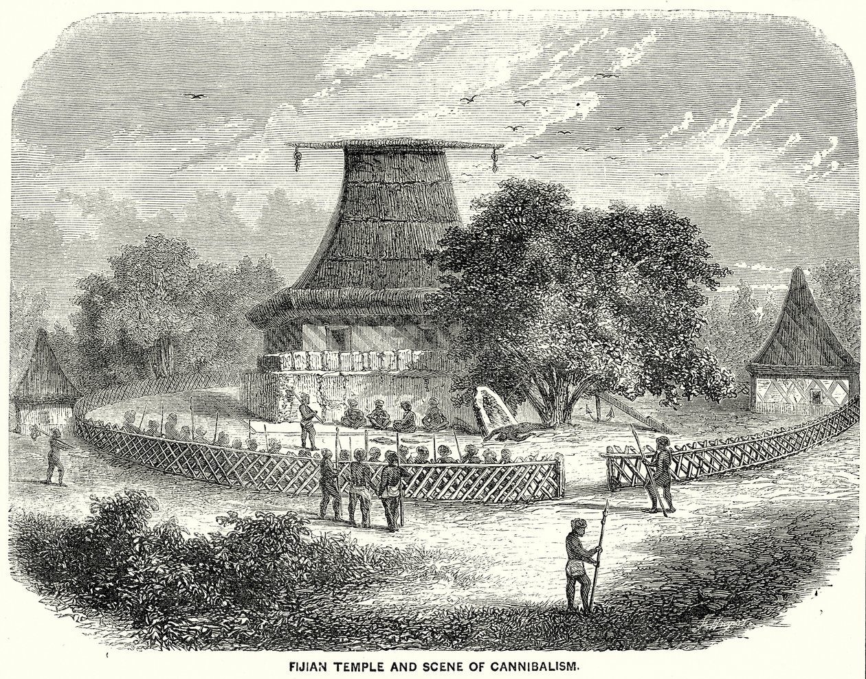 Templo de Fiyi y escena de canibalismo (grabado) de English School