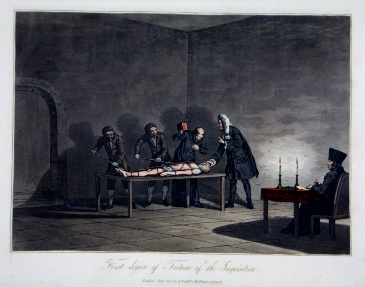 Primer grado de tortura de la Inquisición, grabado por L.C. Stadler, publicado por Cadell & Davies, Londres, c.1813 (grabado en color) de English School