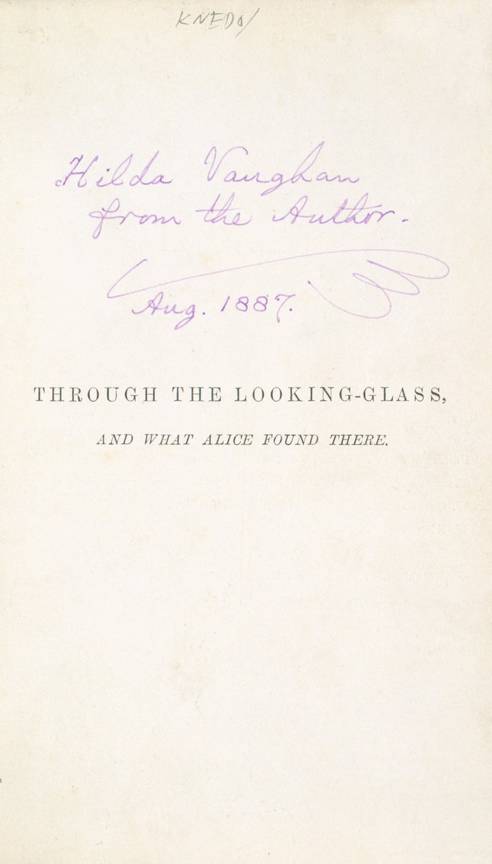 Primera edición de A través del espejo de Lewis Carroll, con la inscripción del autor a Hilda Vaughn, 1887 de English School