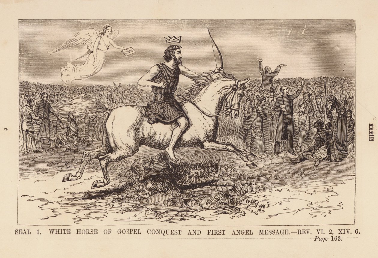 Primer sello, caballo blanco de la conquista evangélica y mensaje del primer ángel (grabado) de English School