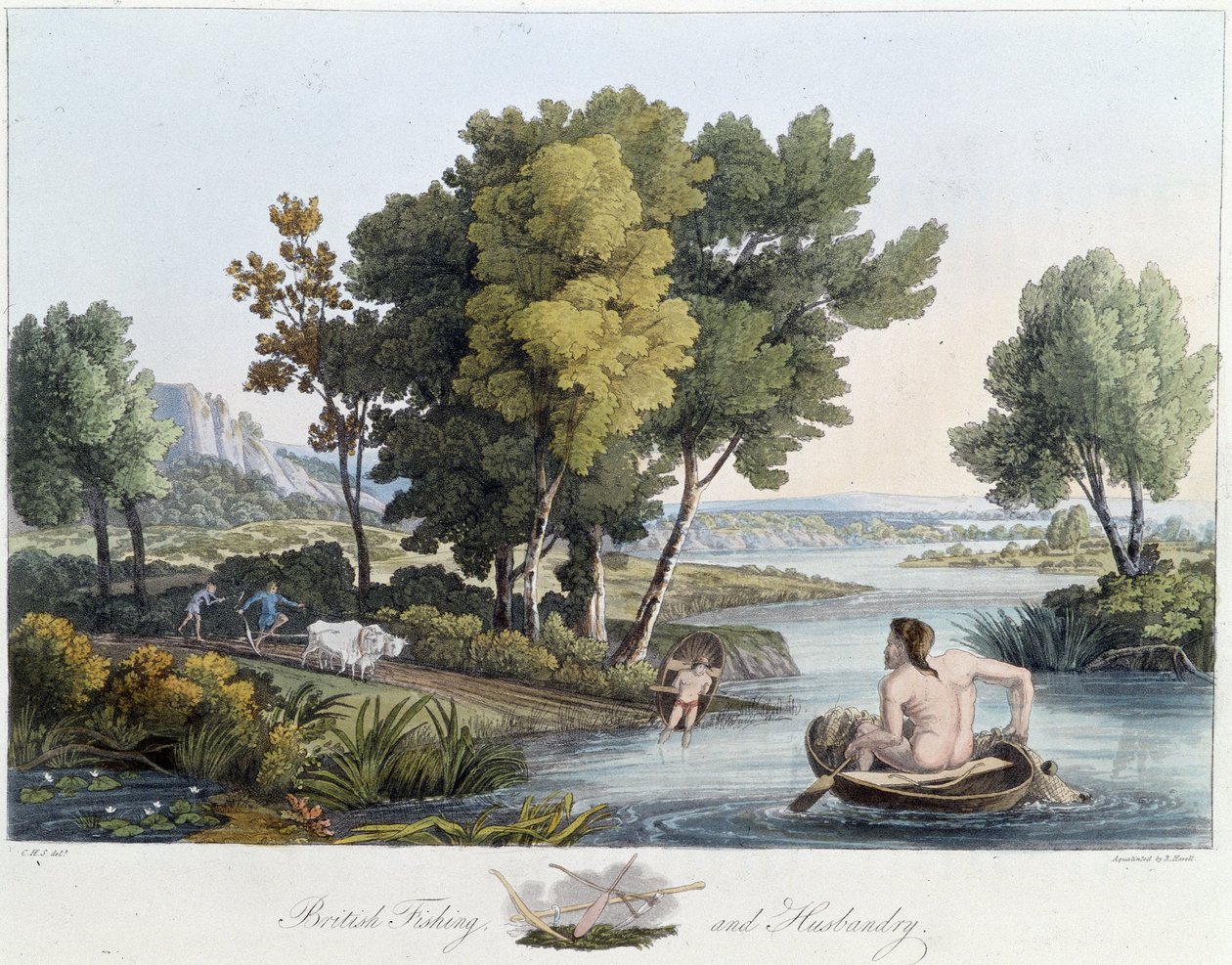 Pesca y arado en Inglaterra - en "Celtas y Godos, costumbres de los habitantes de las Islas Británicas del siglo VI temprano y las naciones godas de la costa oeste del Báltico", por S.R. Meyrick y Ch. Smith de English School