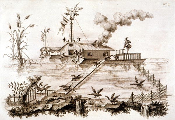 Pesca con cormoranes usando un bote de agua y un recinto vallado, ilustración de 
