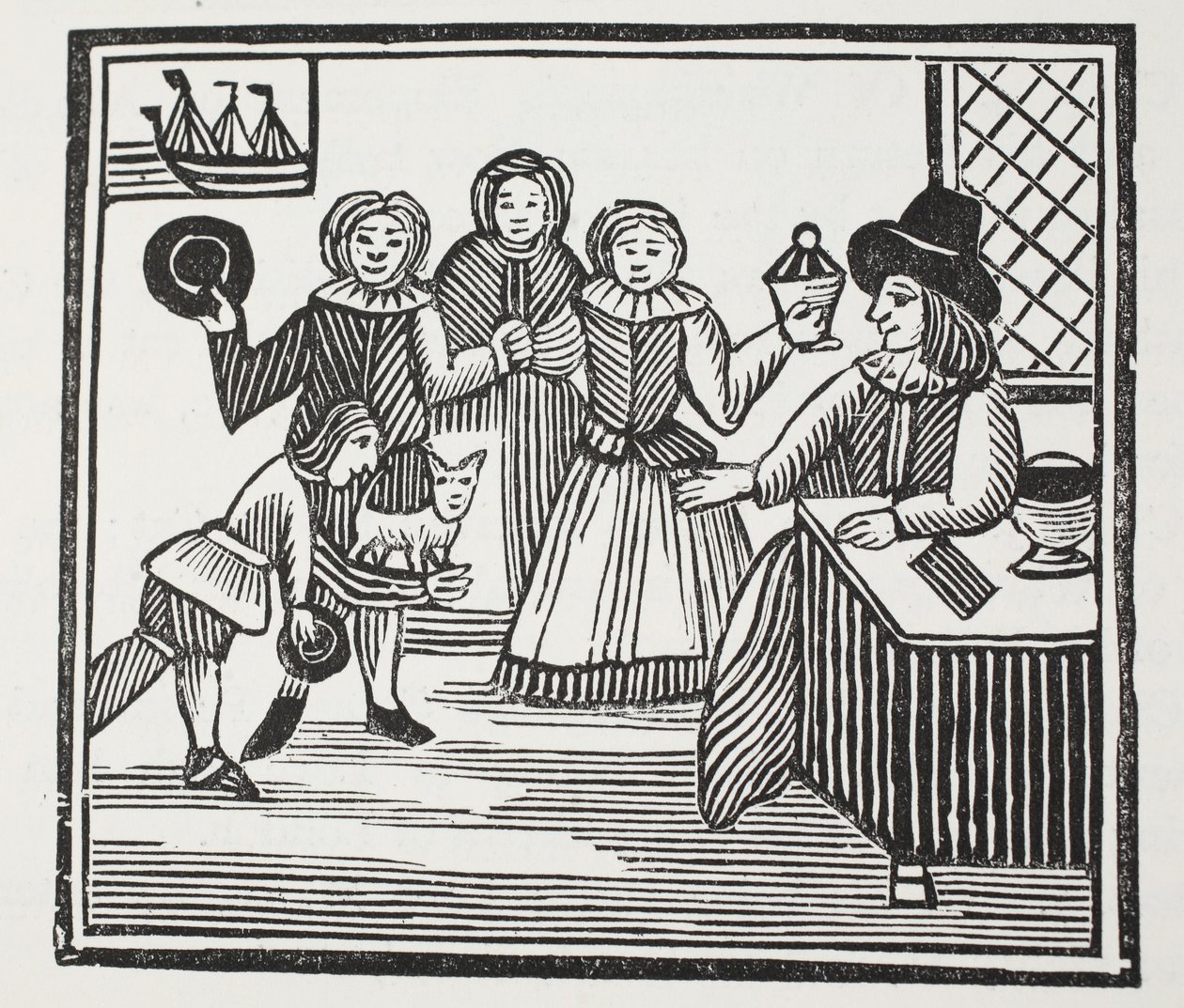 Fitzwarren recibiendo las aventuras de sus sirvientes, ilustración de Chap-books del siglo XVIII de John Ashton, pub. 1882 de English School