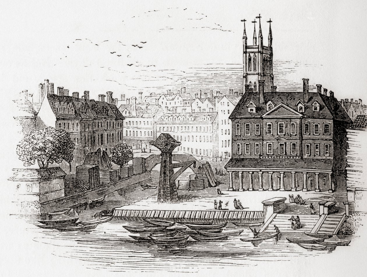 Fleet Ditch, Londres, Inglaterra en 1749 en el punto en el que desemboca en el Támesis en Bridewell, de Old England: A Pictorial Museum, pub. 1847 de English School