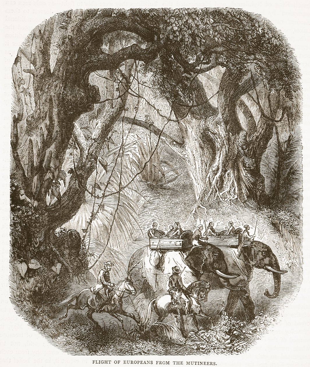 Huida de los europeos de los amotinados, ilustración de la Historia Ilustrada de Inglaterra de Cassell de English School