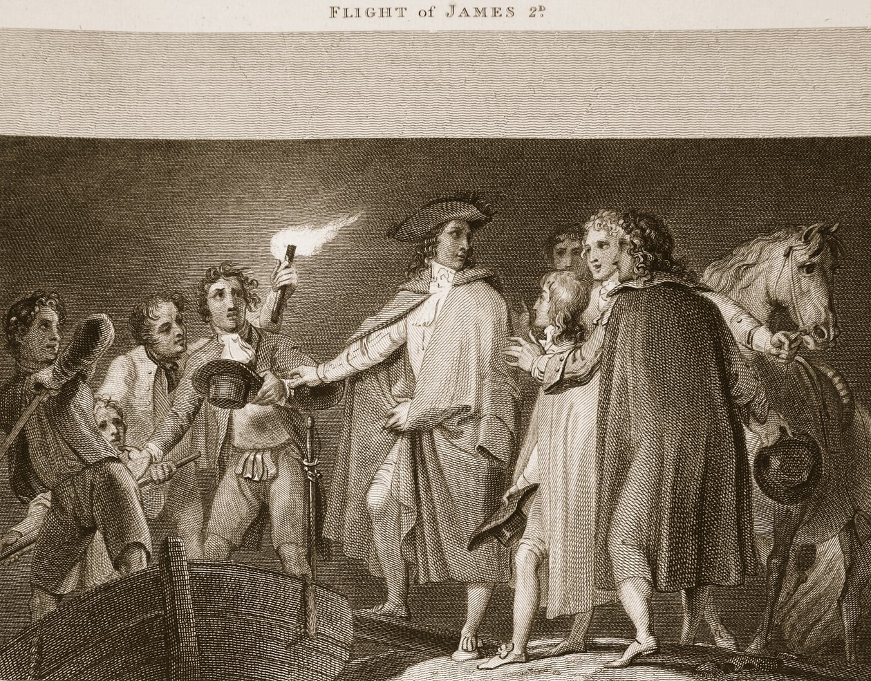 Huida de Jacobo II, ilustración de La Historia de Inglaterra de David Hume, pub. por R. Bowyer, Londres, 1812 de English School