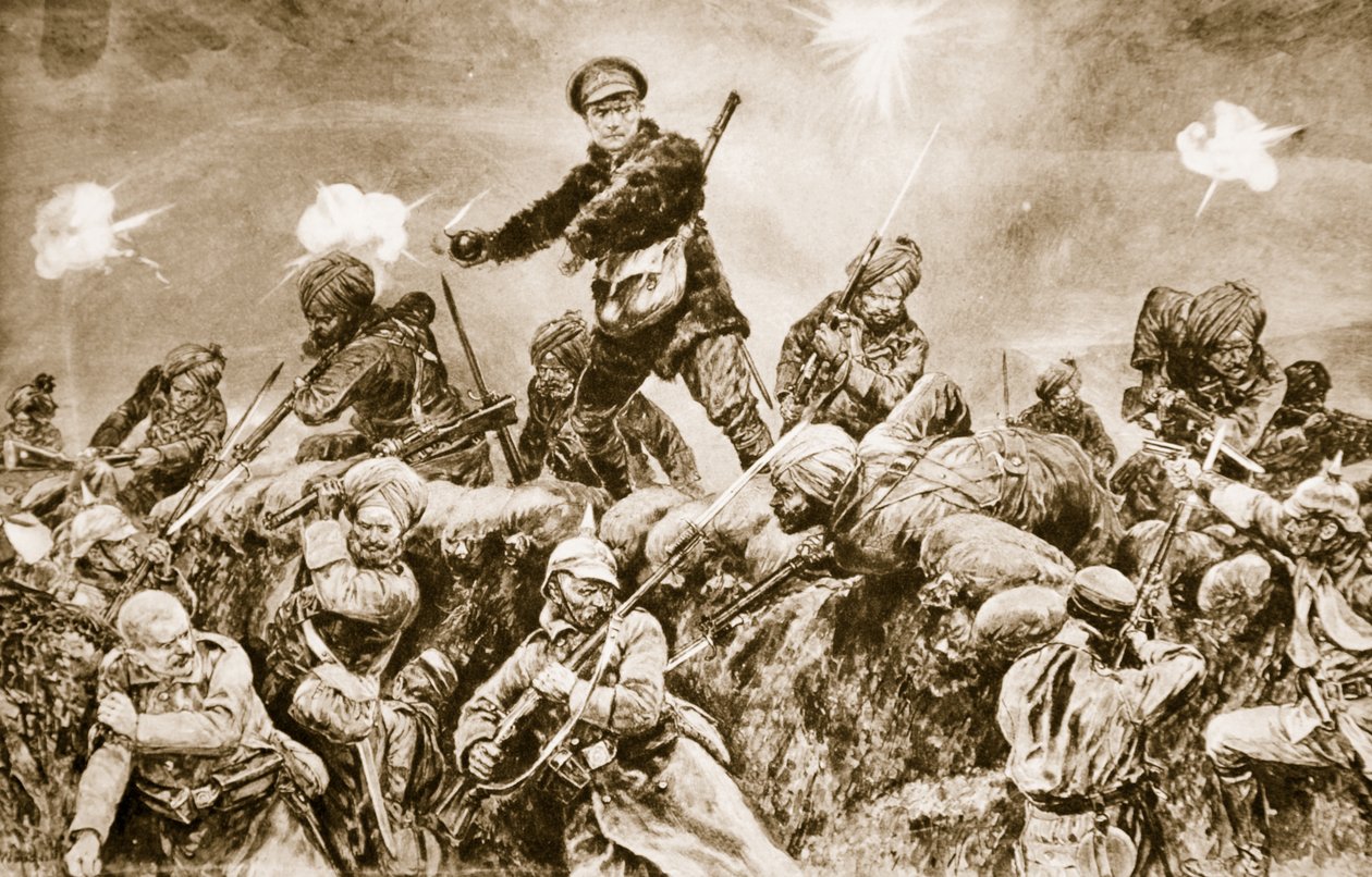 Por la gloria del Raj: Tropas indias cargando contra las trincheras alemanas en Neuve Chapelle, marzo de 1915, 1914-19 de English School