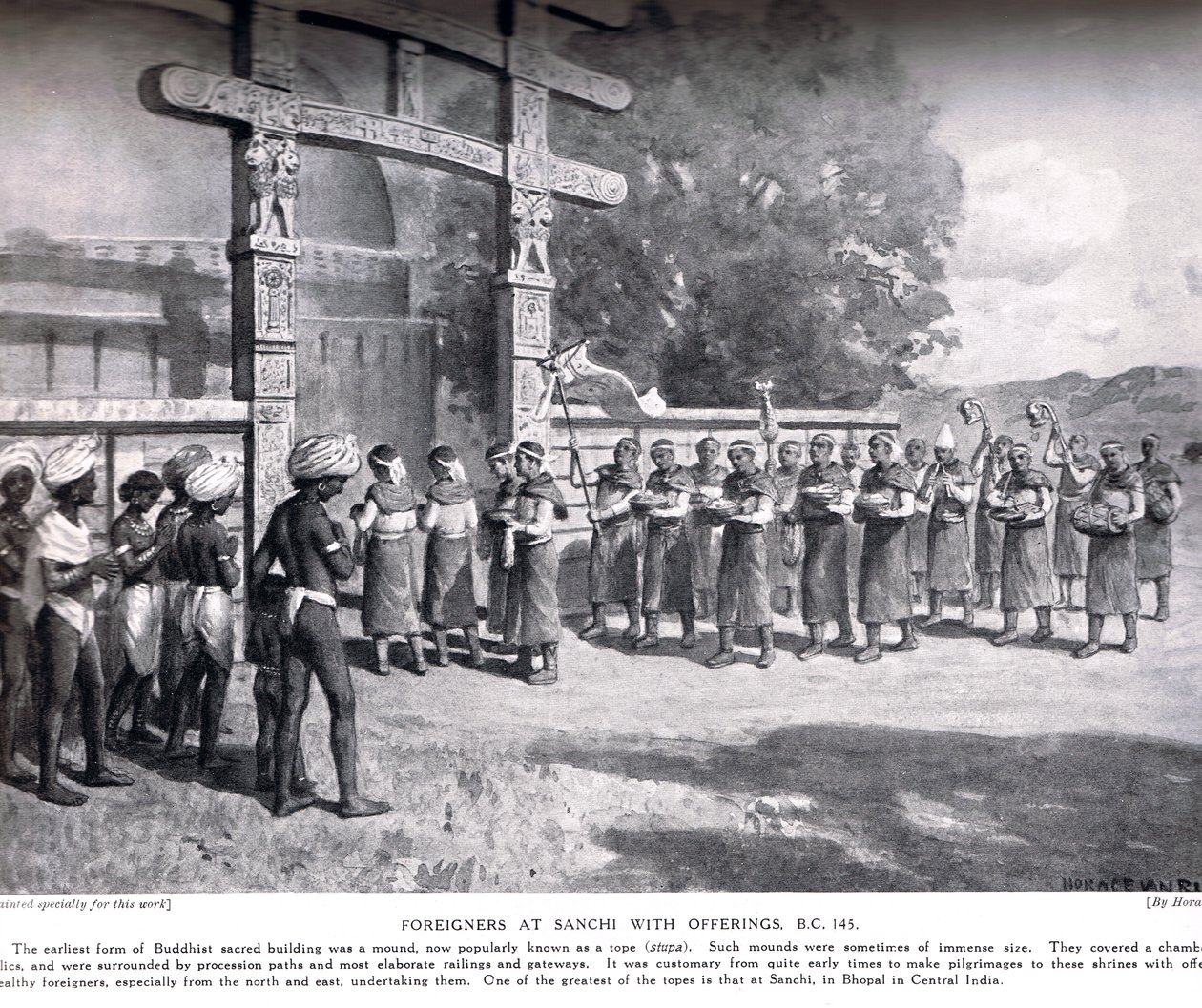 Extranjeros en Sanchi con ofrendas en 145 a.C., ilustración de la Historia de las Naciones de Hutchinson, c.1910 de English School