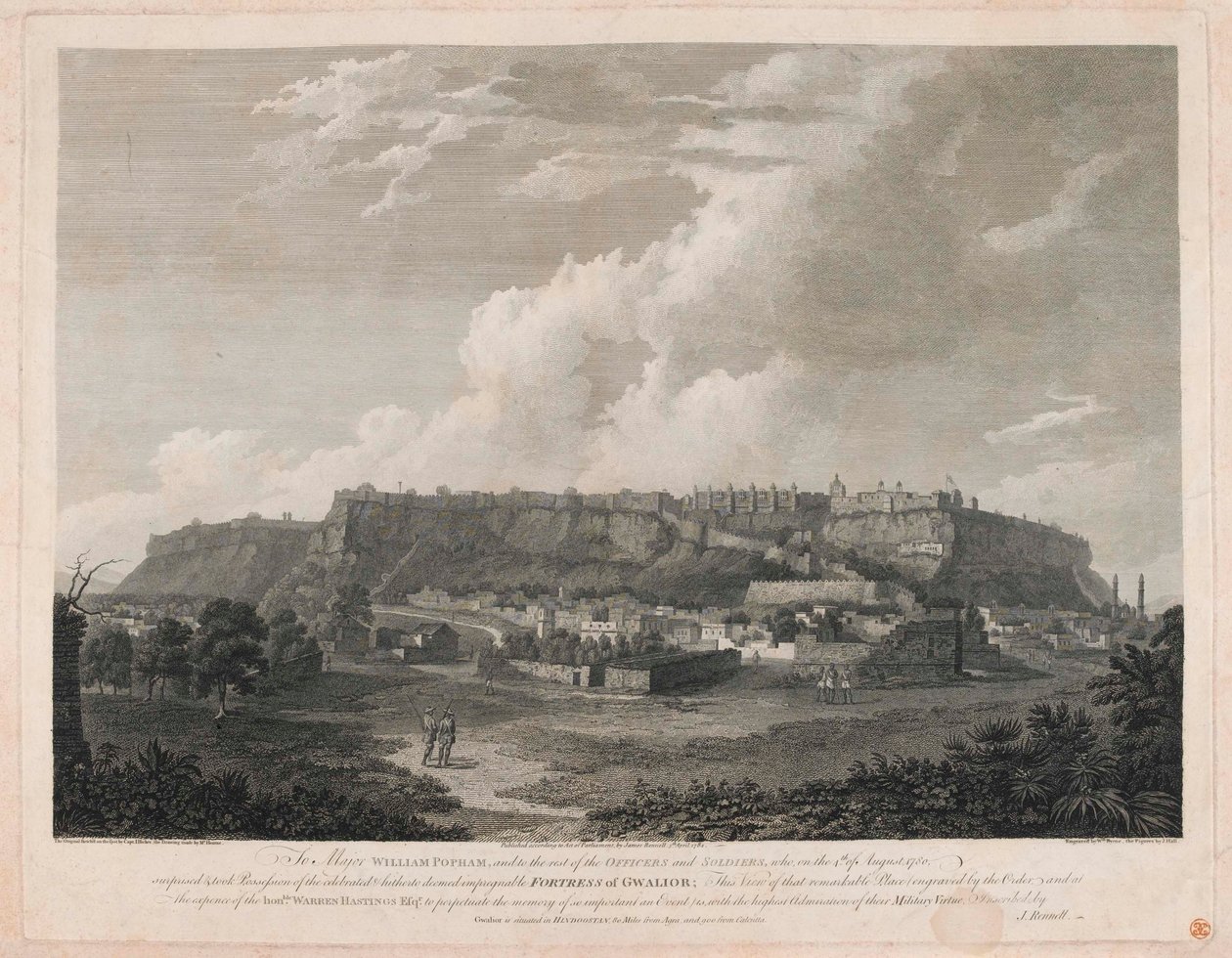 Fortaleza de Gwalior (grabado en línea, coloreado) de English School