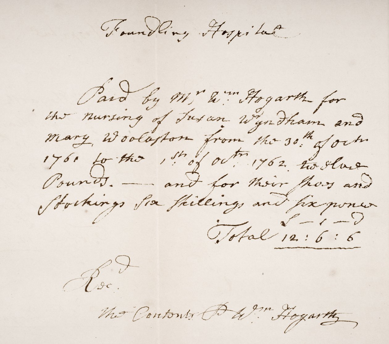 Recibo del Hospital de Niños Expósitos, firmado por William Hogarth de English School