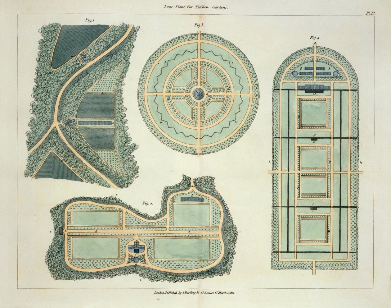 Cuatro Planos para Huertos, de Consejos sobre la Formación de Jardines y Placeres por John Claudius Loudon (1783-1843) publicado en 1812 de English School