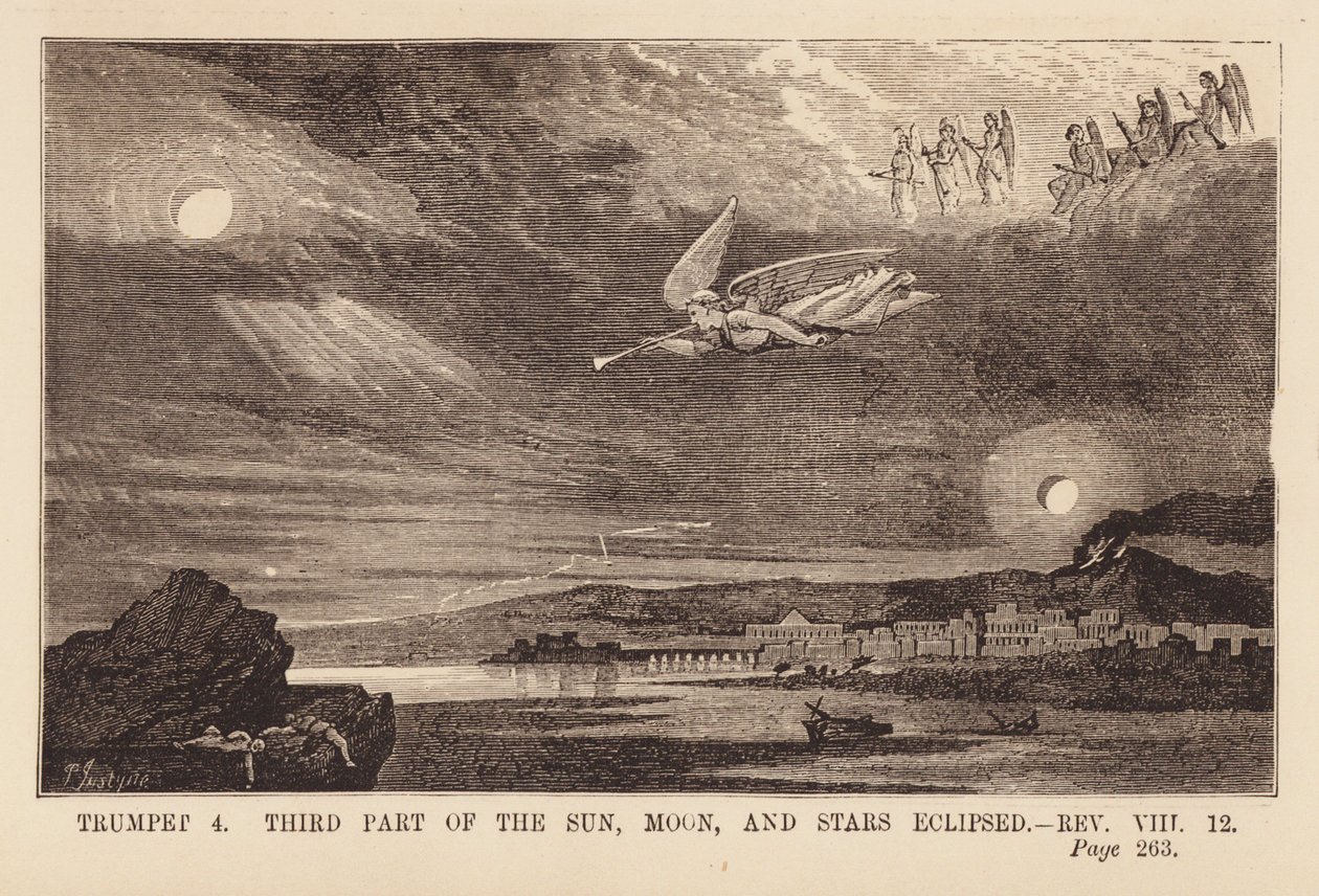 Cuarto ángel tocando la trompeta y oscureciendo el sol, la luna y las estrellas (grabado) de English School