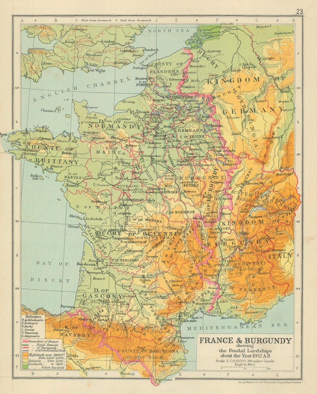Francia y Borgoña mostrando los señoríos feudales hacia el año 1032 d.C. (litografía en color) de English School