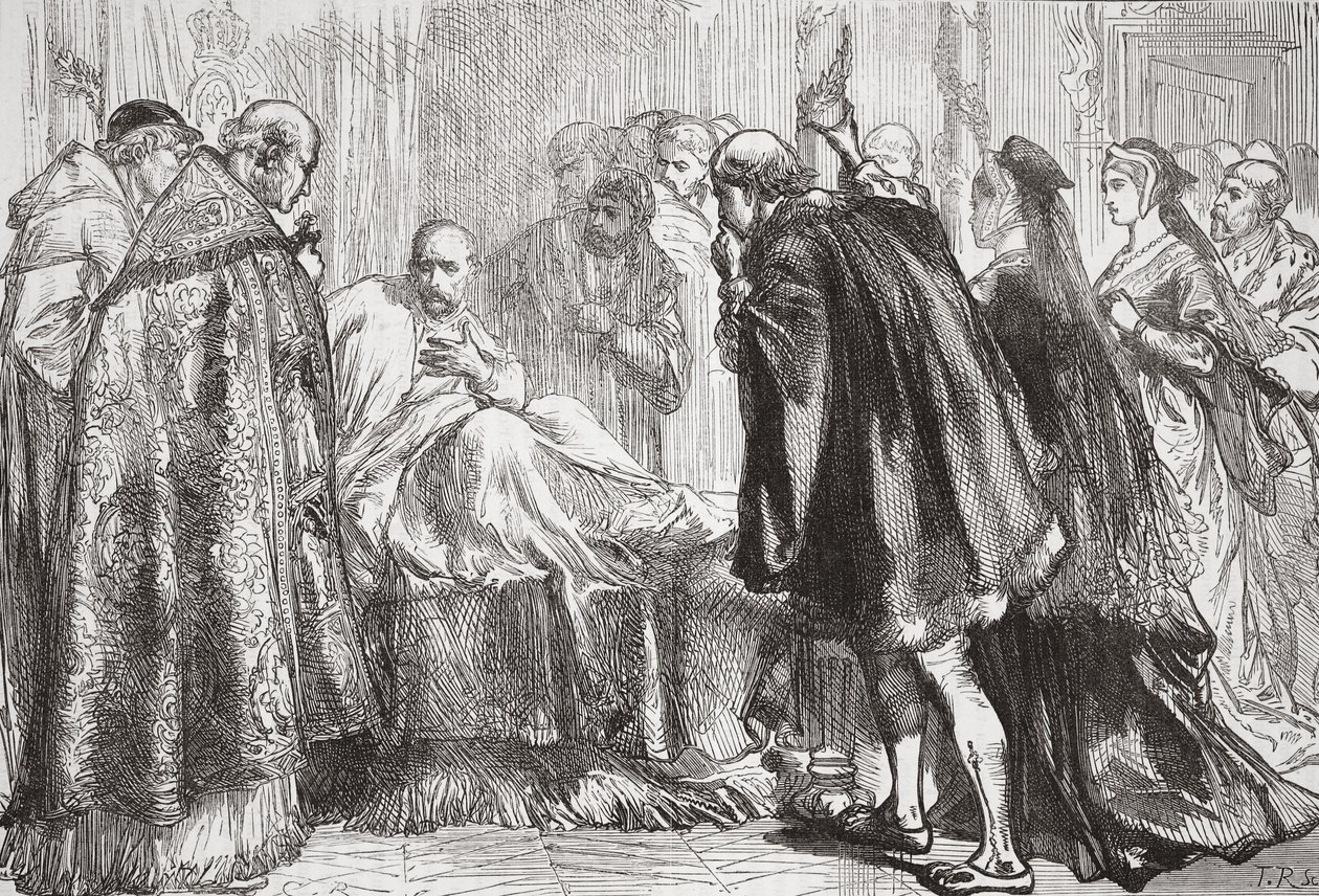 Francisco I en su lecho de muerte, ilustración de La Historia del Protestantismo de James Aitken Wylie, pub. 1878 de English School