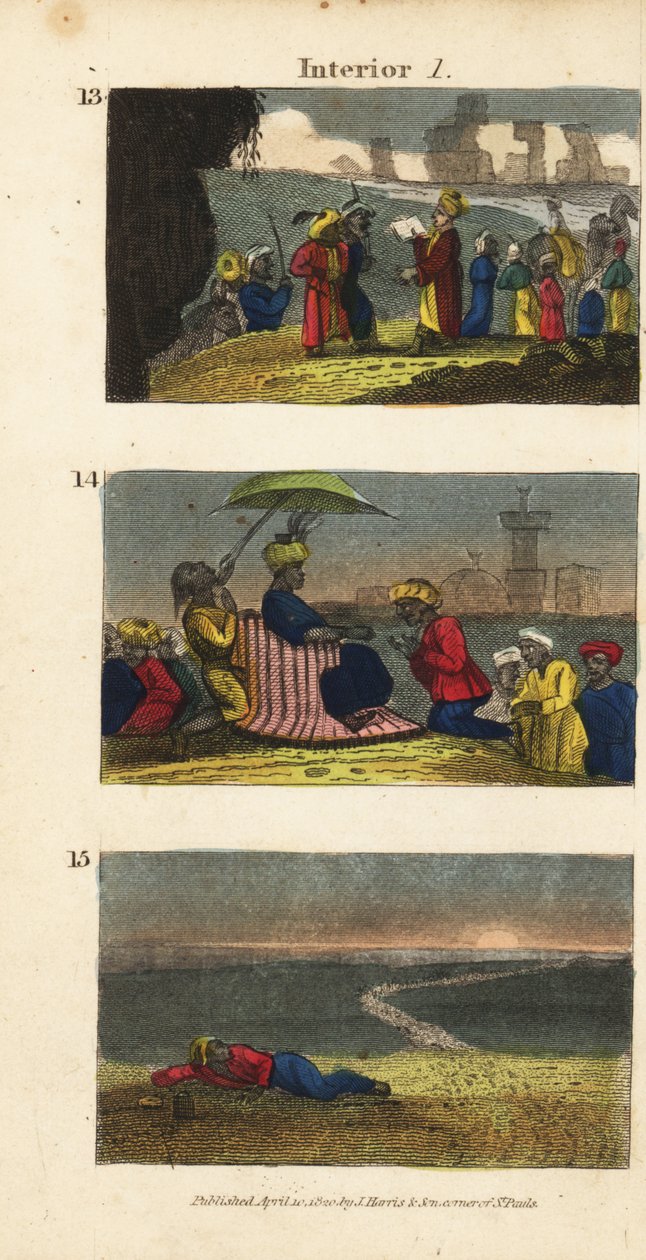 Frederick Horneman leyendo el Corán a los bereberes del oasis de Siwa, una caravana saludando al sultán de Fezzan, y un viajero dejado atrás en el desierto de English School