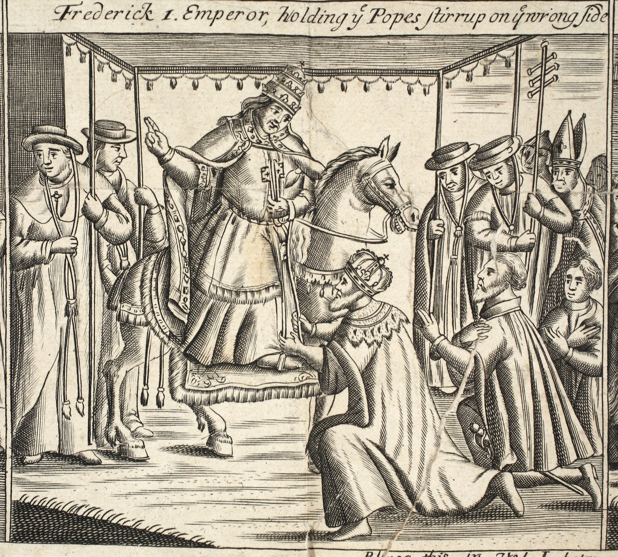 Federico I, emperador, sosteniendo el estribo del Papa en el lado equivocado, ilustración de Hechos y Monumentos de John Foxe, novena edición, pub. 1684 de English School