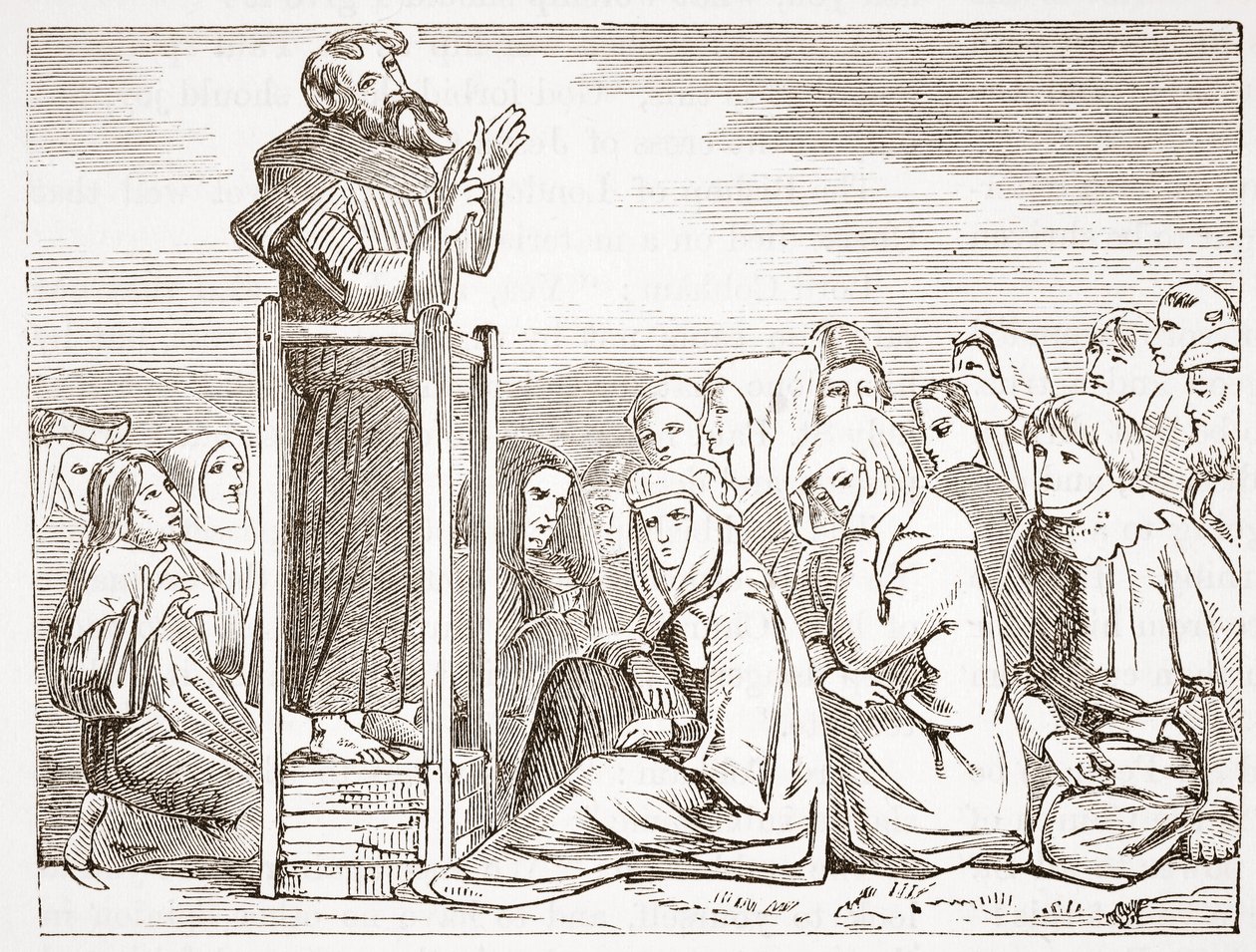 Fraile predicando desde un púlpito móvil, ilustración de La Historia del Protestantismo de James Aitken Wylie, pub. 1878 de English School