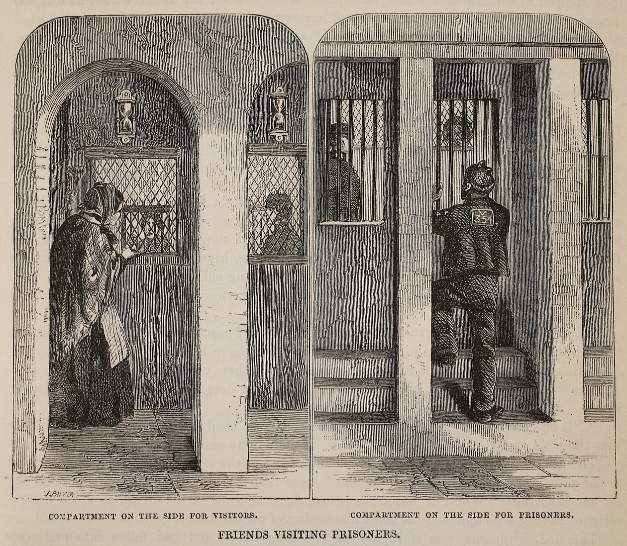 Amigos visitando prisioneros, ilustración de Las prisiones criminales de Londres y escenas de la vida en prisión de Henry Mayhew y John Binny, pub. 1862 de English School