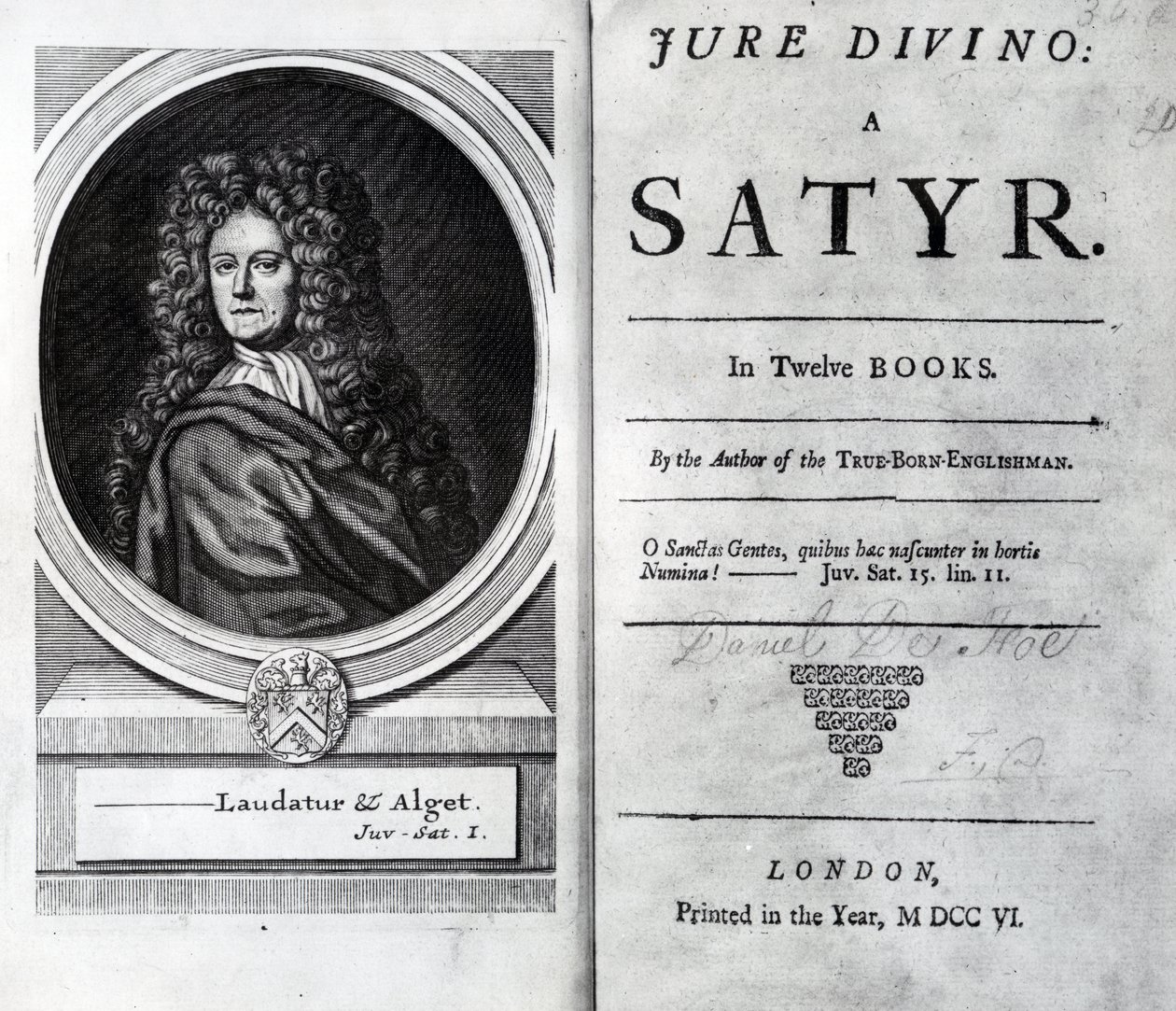 Frontispicio y página de título de Jure Divino: A Satyr por Daniel Defoe, publicado en 1706 de English School