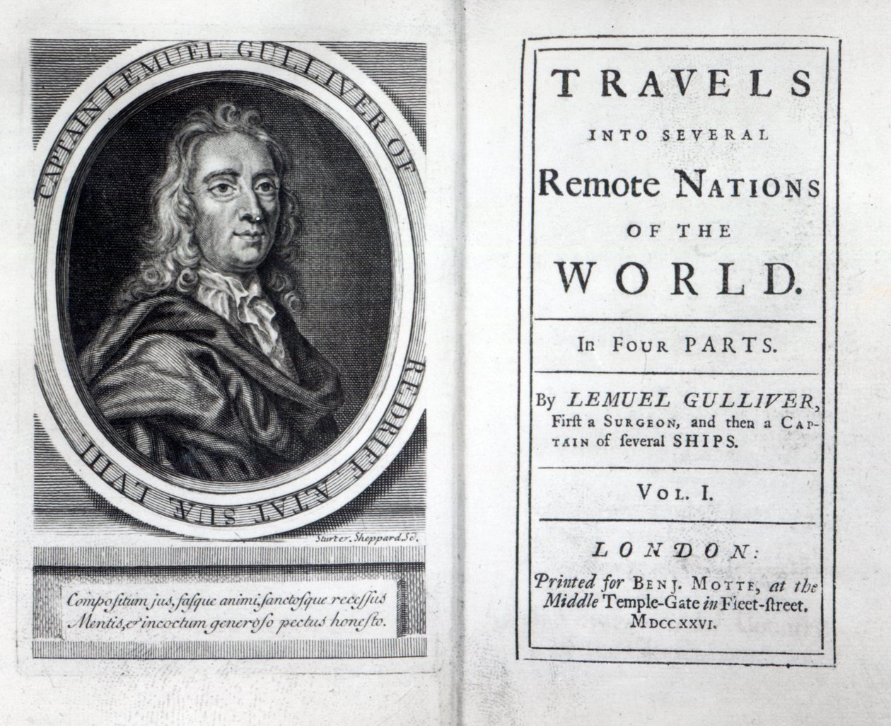 Frontispicio y Portada de Los Viajes de Gulliver de Jonathan Swift, 1726 de English School